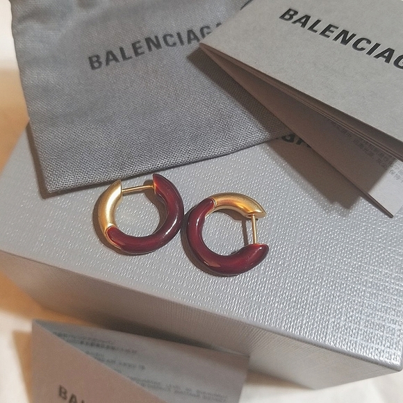 Balenciaga Jewelry - NEW BALENCIAGA LOGO Enameled Frosted Gold Loop Earrings